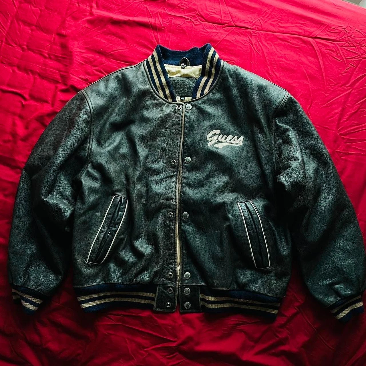 vintage guess leather jacket mens large