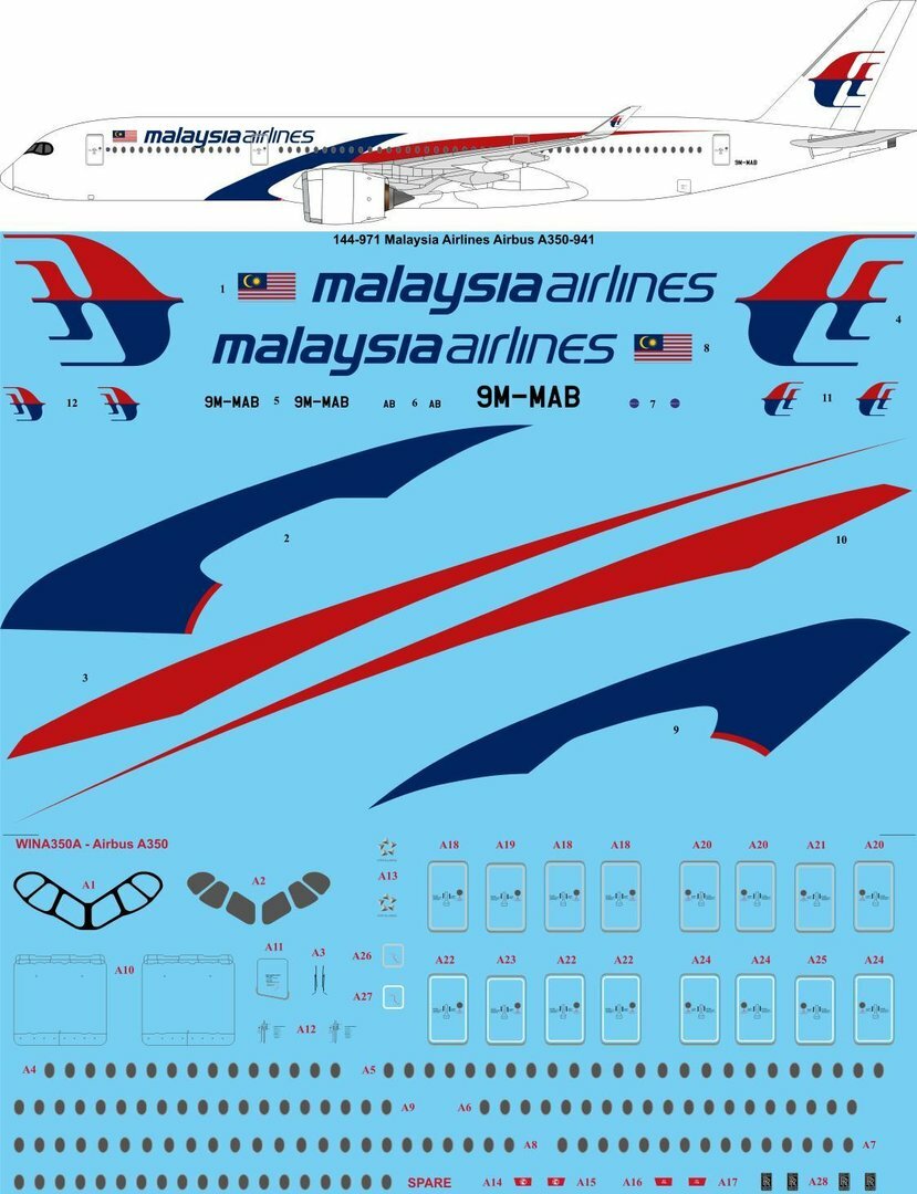 26Decals 1/144 Airbus A350 - Malaysia Airlines - Laser Decal | eBay