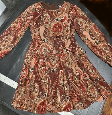 Tommy Hilfiger Paisley Print Chiffon Long Sleeve Tie Waist Dress Size 8  Brown