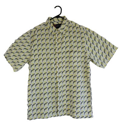 Jafari Mens Size Large Button Up Shirt Short Sleeves White Blue Yellow