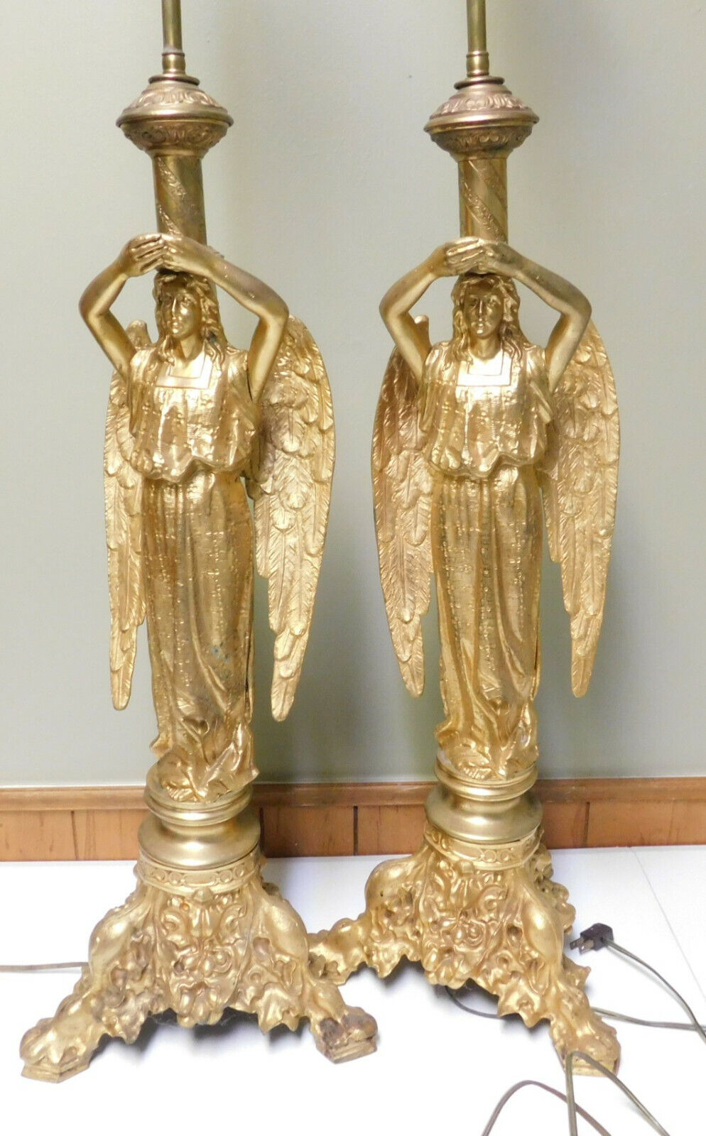 Antique Gilt Bronze Angel Lamps Rare 48" Turn of the Century Church Art