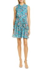 SALONI Turquoise Ornamental Floral Print TILLY Ruffle Tie Shirt-Dress 0 US = UK4
