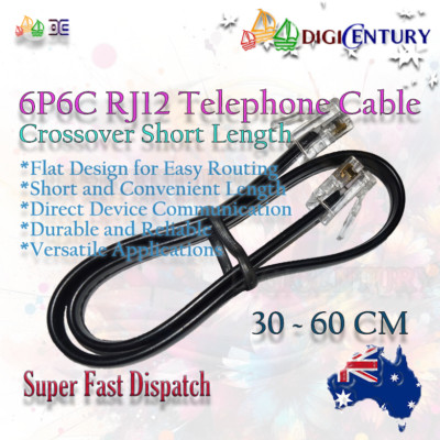 Short RJ12 6P6C Crossover Reverse Flat Cable - Telecom Modem Device Links Black