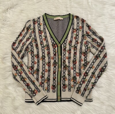 Tory Burch Printed Jacquard Floral Cardigan Sweater Multicolor XS