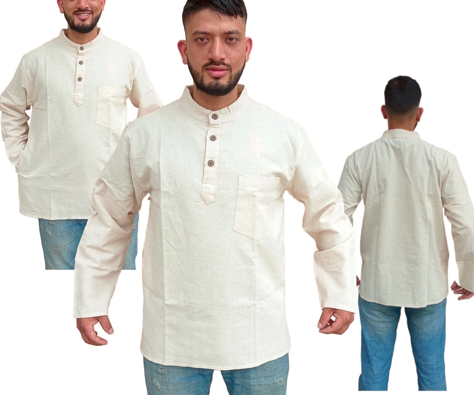 Linen Flax Grandad Full Half Sleeve Kurta Shirt, 3 Flat Button Men's Collarless
Opens in a new windo