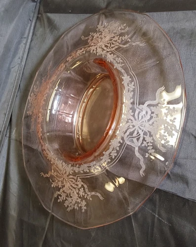 Vintage Pink Depression Glass Etched Frosted Oval Bowl