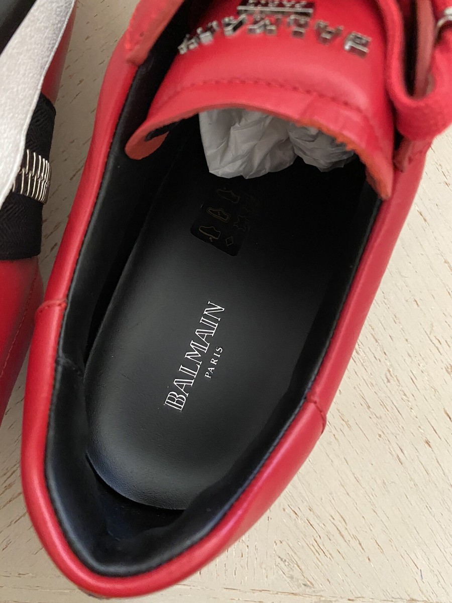 New $695 Balmain Lace-Up Low-Top Leather Sneakers Red 12 US