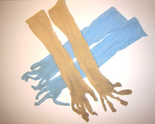 Pair of Light Blue and Nude Ultra Thin Sheer Stretch Nylon Mesh Opera Gloves