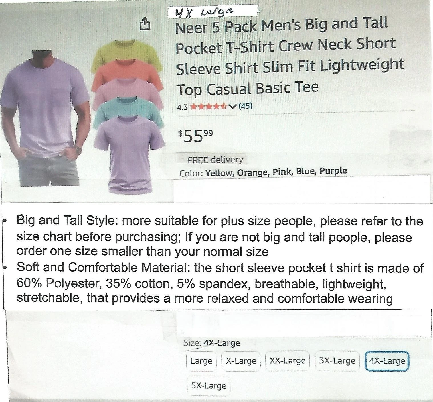( Lot Of 5 ) Neer Light Weight Pocket T Shirts Mens 4XL New without tags