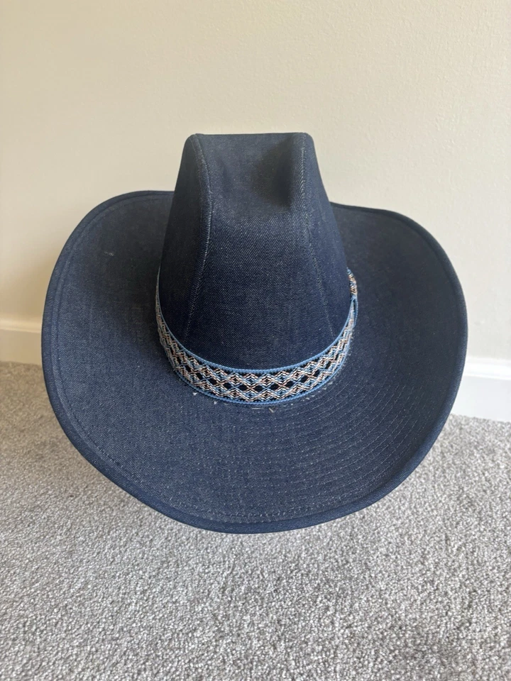 De colección Años 70 YA Youngan Azul Jean Denim Vaquero Western Sombrero Chevron M 7 - 7 1/8 Foto 2 de 3