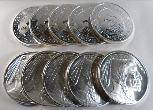 5x JM Bullion .999 Silver Rounds + 5x CNT Mint .9999 Silver Rounds - 10 oz Total