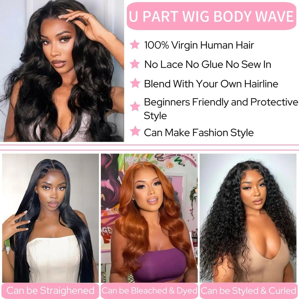 U Part Human Hair Wig Body Wave Brazilian Virgin Hair Glueless Wigs Human Hair - Image 4 of 4