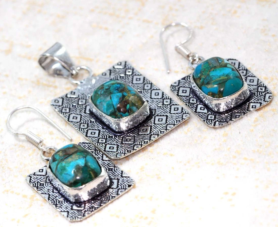 Copper Chrysocolla 925 Silver Plated Pendant Earrings Set 1.7|1.6" AU A970