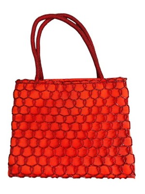 Red Bijoux Terner Evening Handbag With Beaded Pattern & Rope Handles