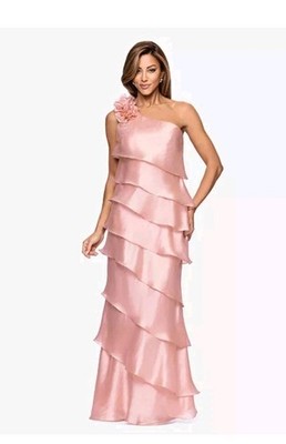 NWT XSCAPE Gold Metallic One Shoulder Tiered Ruffle Gown Size 4 Formal Evening
