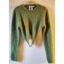 The Ragged Priest Mystery Lime Green Fuzzy Knit Crop Top Sweater Silver Hardware