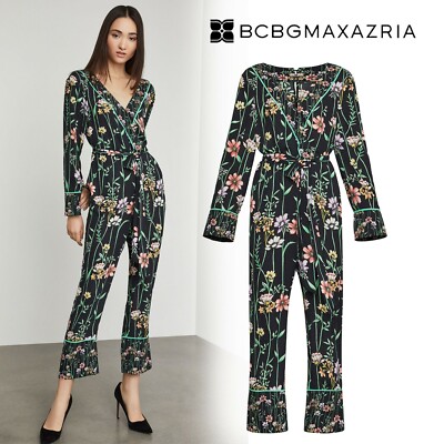 NEW BCBG MAX AZRIA BOTANICAL FLORAL FAUX WRAP JUMPSUIT ESJ9188137 SIZE XS $268!!