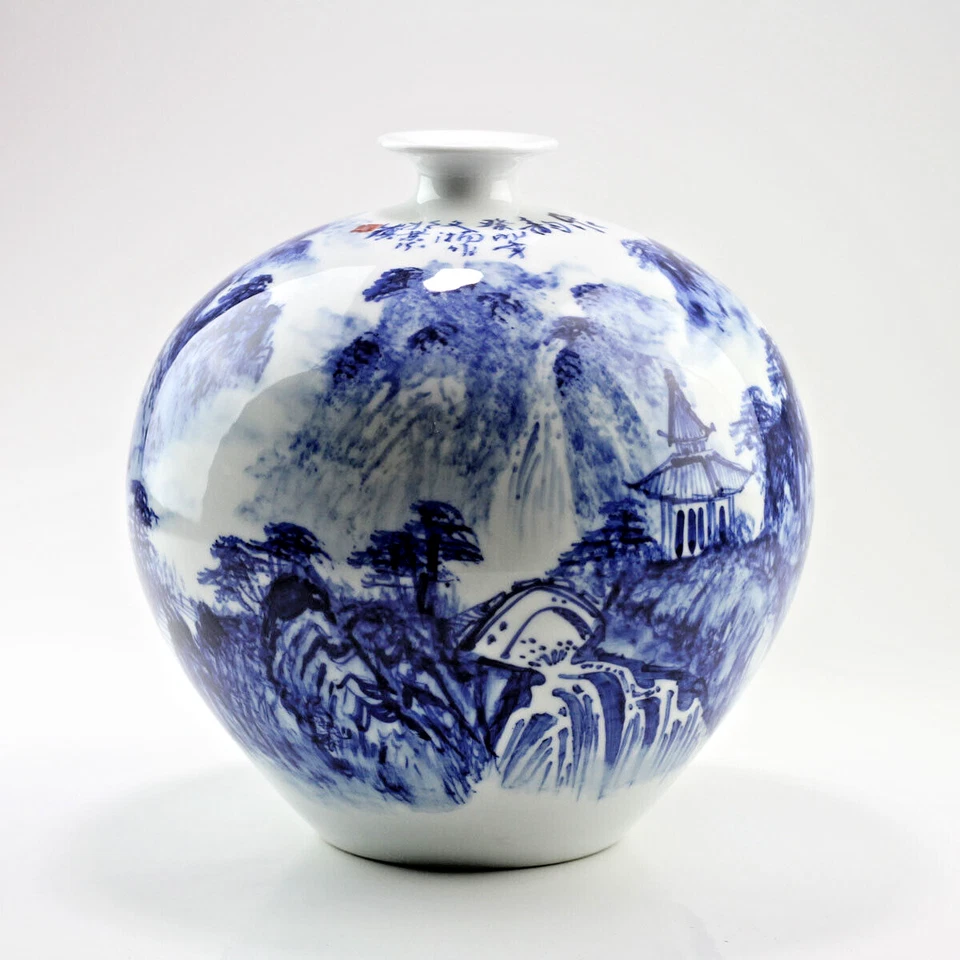 Chinesische Vase "Landschaft"Kugelvase Porzellan blau-weiß Motiv-Vase handbemalt - Bild 4 von 4