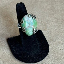 Handmade Artisan silver tone adjustable ring large green variscite gemstone