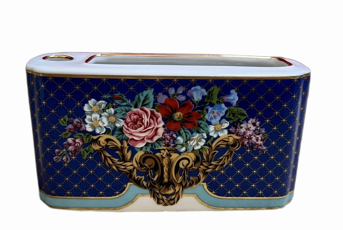 Neiman Marcus Porcelain Blue Floral Desk Caddy Organizer Decor