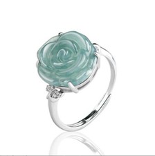 Certified Green Natural A Jade jadeite 925 Silver Inlay Carved Rose Flower Ring