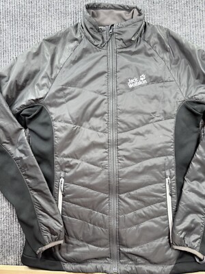 Jack Wolfskin Coat Women's Small Black Gray Insulated Jacket Logo Zip Up