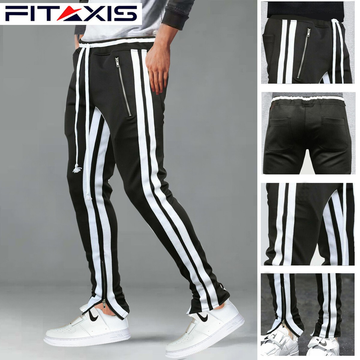 Running Trouser Slim Fit Track Pant Double Striped White/Black Gym
