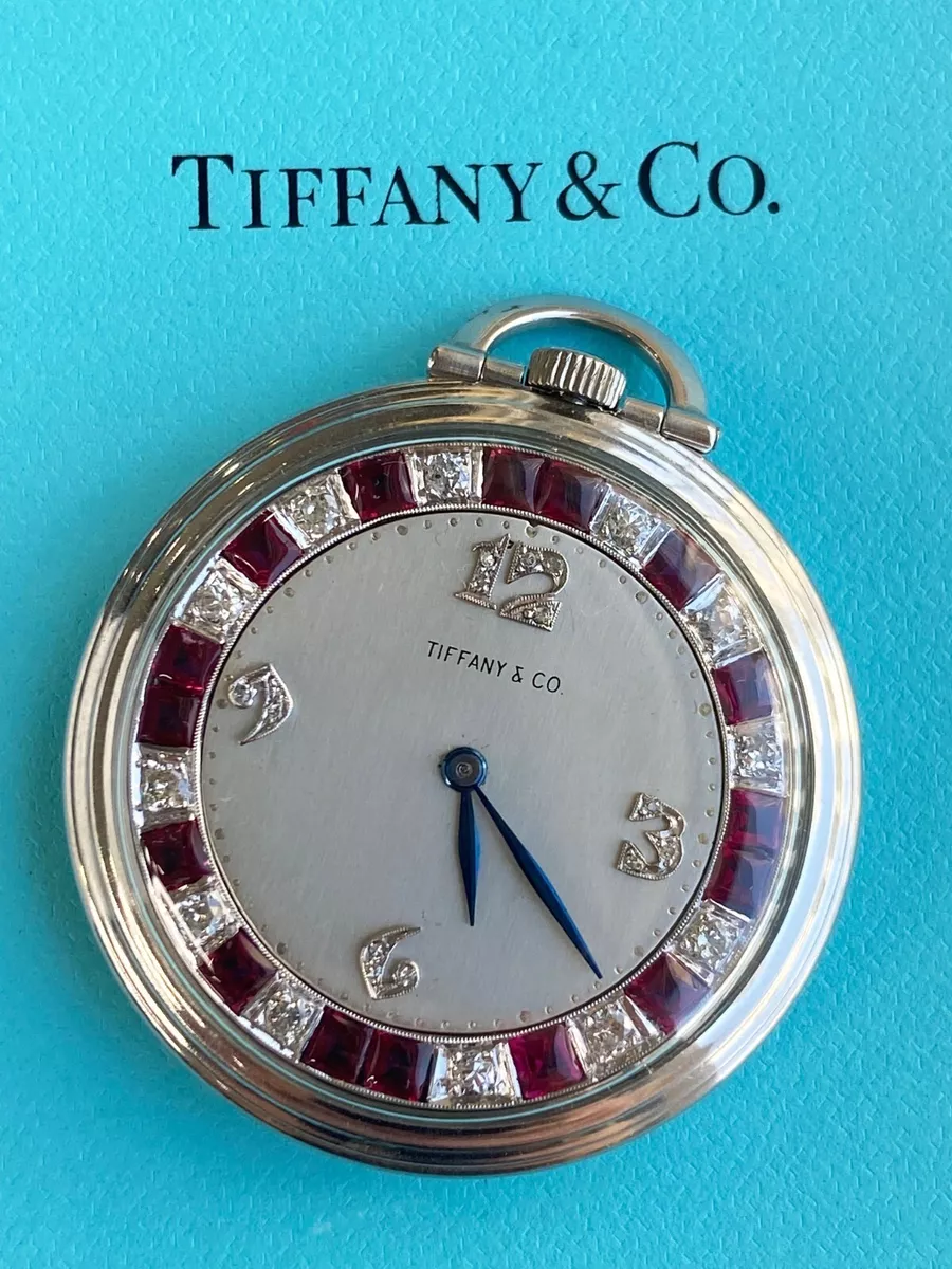 ART DECO Antique Tiffany Co Diamond and Ruby Open Pocket Watch AUTHENTIC