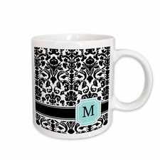 3dRose Letter M personal monogrammed mint blue black and white damask pattern -