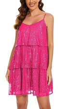 New Womans Glitter Layered Sequin Dress Adjustable Spaghetti Strap Hot Pink L