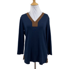 Lauren Ralph Lauren Top Womens L Large Windsor Faux Suede Trim V Neck Shirt