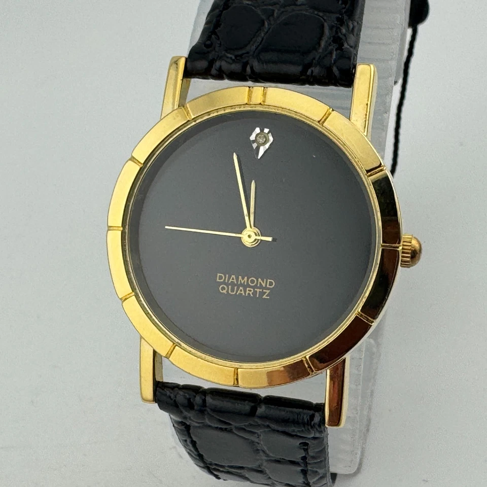 Reloj De Cuarzo Movt Japón De Colección Unisex Tono Dorado Diamante Negro Analógico Batería Nueva Foto 2 de 4