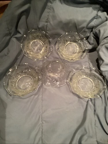 Set Of 5 Jeannette Iris & Herringbone Ruffled Edge Clear Glass 5 1/4"  Bowl
