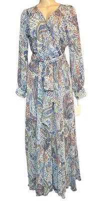 Spy Zone Exchange Size M Boho Hippie Paisley Faux Wrap Maxi Sheer Belted Dress