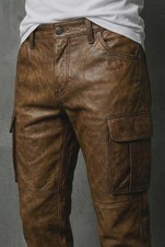 Men’s Brown Genuine Leather Cargo Pants Distressed Waxed Vintage Style