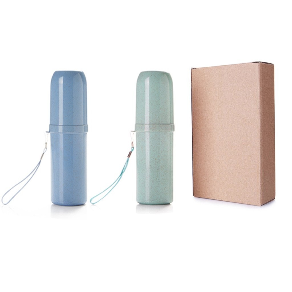 Eunion Blue&Green Wheat Straw Toothbrush Holder/Case for Travel, 2 Pack