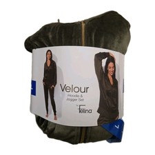 Felina Women's 2 Piece Velour Track Suit Lounge Set, Deep Olive, Large