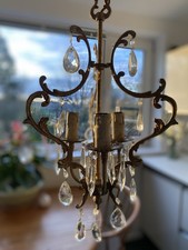 Vintage Antique French Brass Chandelier Crystal Drops Pendant Light