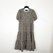 ASOS Design Black Ditsy Floral Print Puff Sleeves Tiered Smock Dress, Size 6
