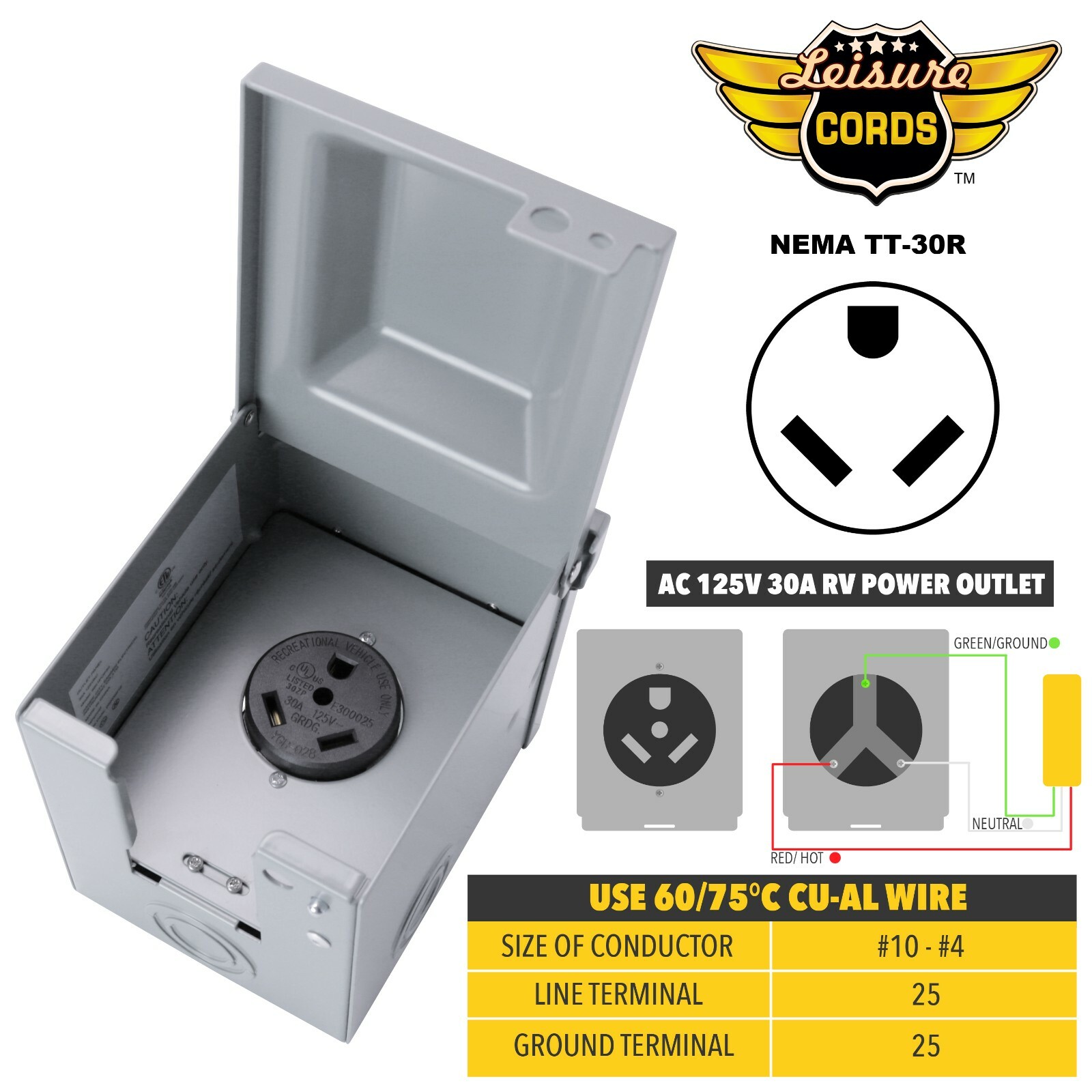 RV Lockable Power Outlet Box 30Amp Outdoor Camper NEMA TT30R 125V