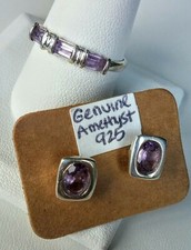  SET Genuine Natural Amethyst Ring  Studs .925 Sterling Silver