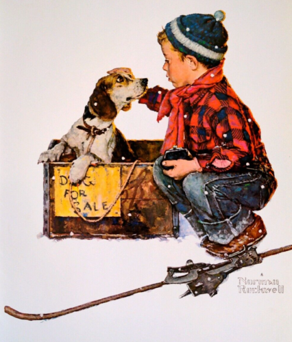 Norman Rockwell WINTER Vintage 1979 Boy Dog Skiing Book Plate Print - Picture 1 of 3