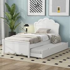 Twin/Full Size Bed Frame Wood Platform Bed with Trundle & Headboard White