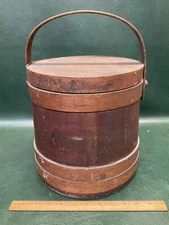 Antique Staved Firkin Sugar Bucket w/ Lid ~ 9.5" Tall
