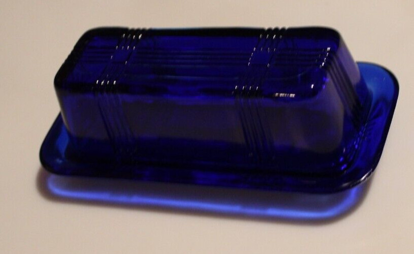 Hazel Atlas Cobalt Blue Criss Cross Covered Butter Dish 1/4 lb Butter Rectangle