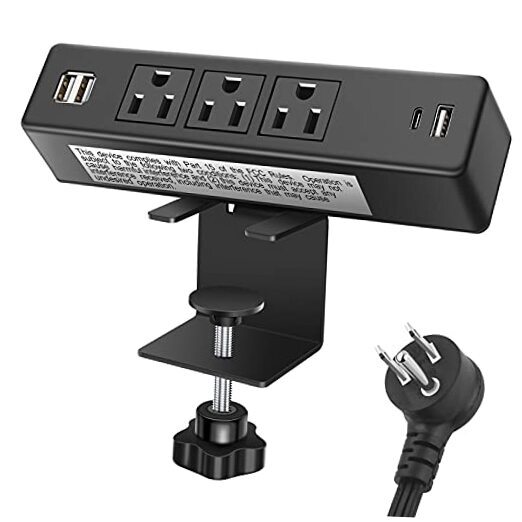 Desktop Clamp Power Strip with USB, Surge Protector Power Charging 6FT Black