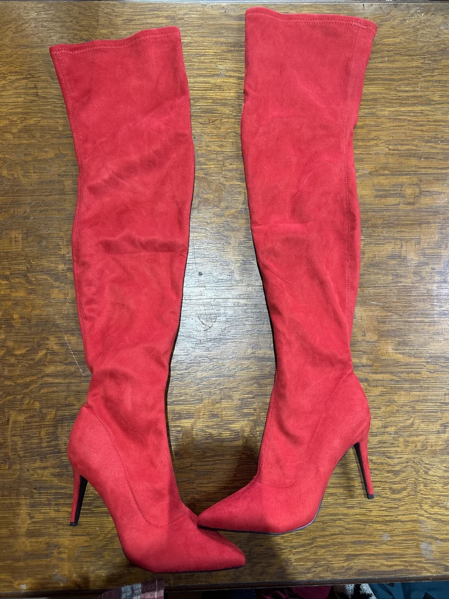 Camssoo Womens Red Velvet Pointed Toe Zipper Knee High Boots Size 42 8.5