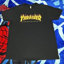 Thrasher Magazine Fire Flame Spellout Skateboarding Black T-Shirt Size Medium