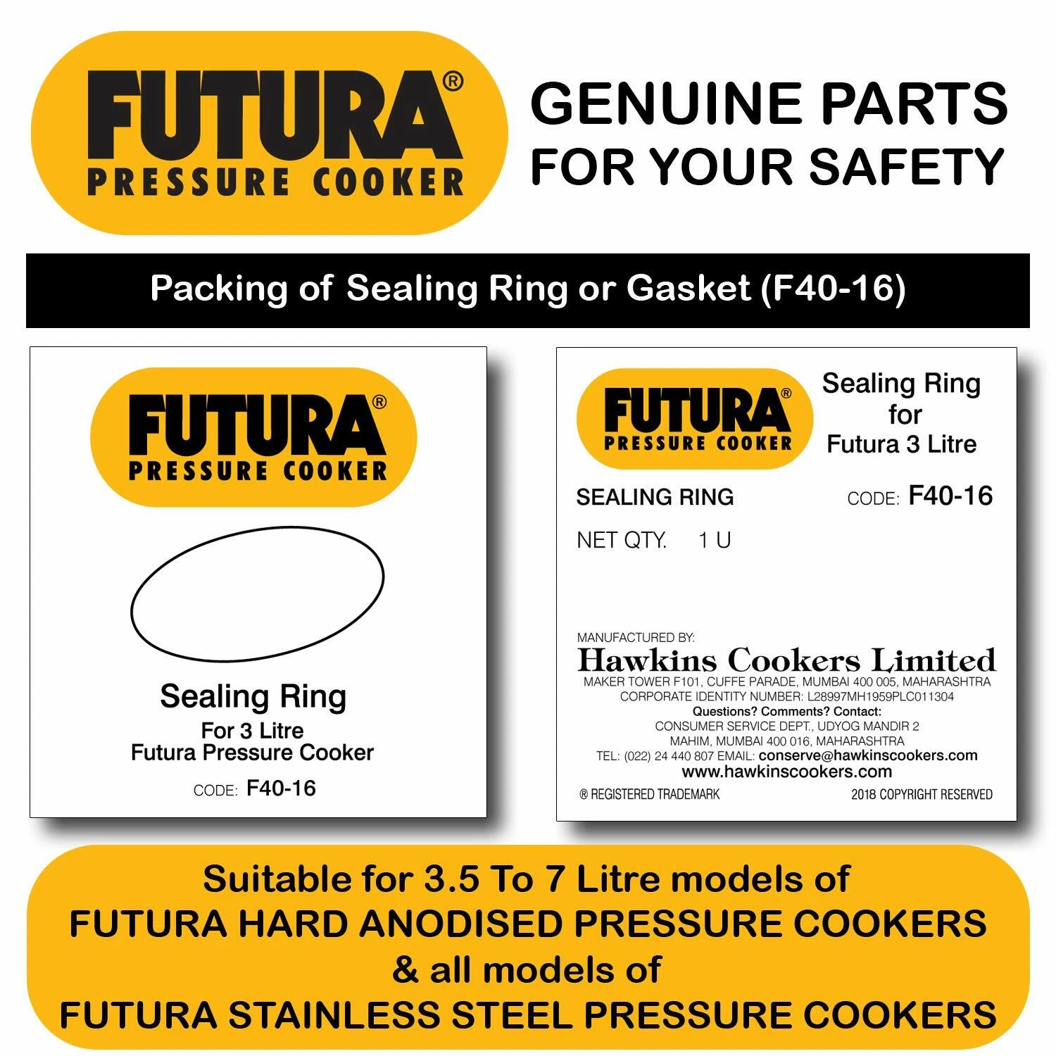 2 Piece X Hawkins FUTURA Sealing Ring Gasket 3 L Cooker, F40-16 FREE SHIP