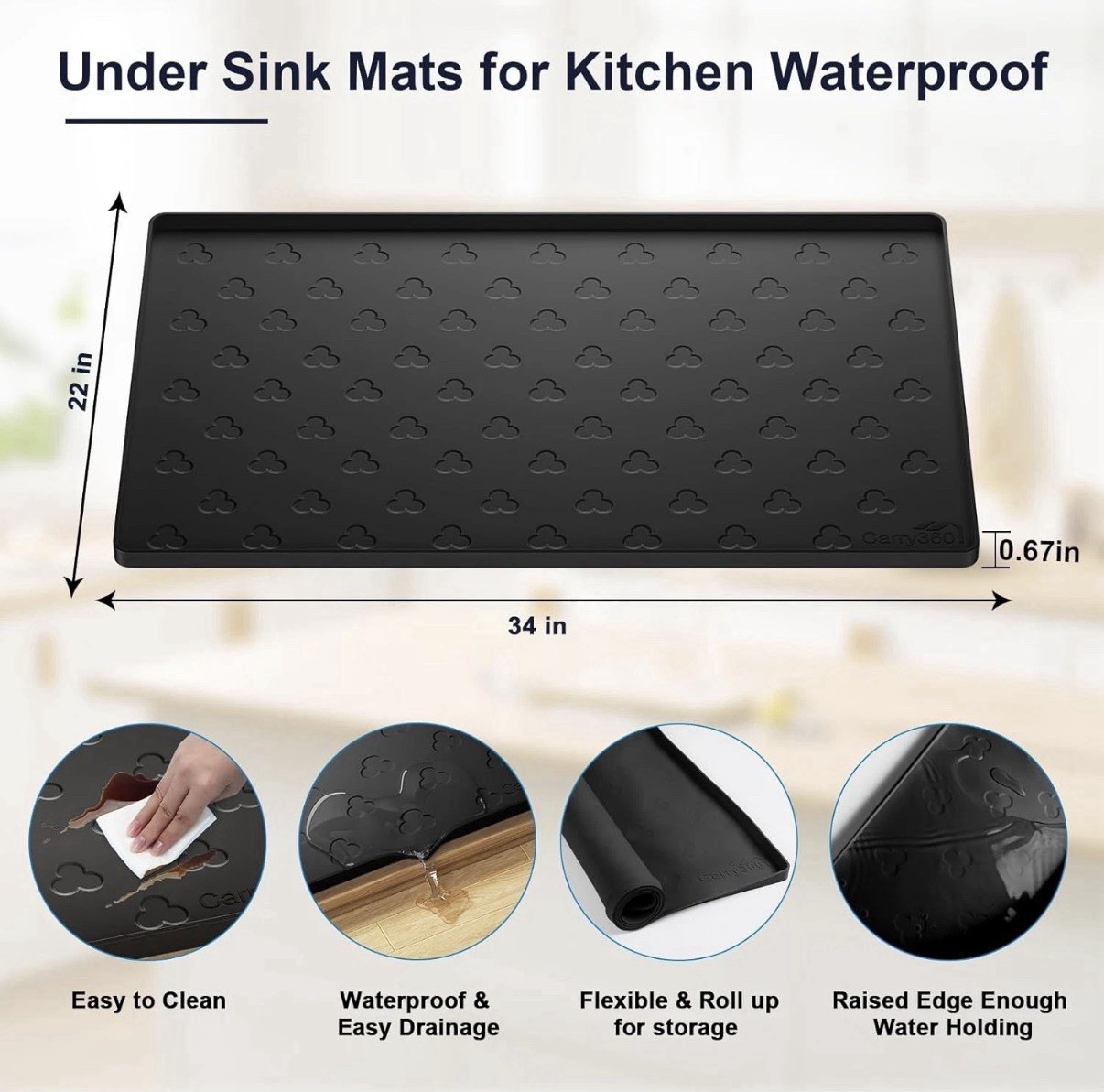 Under Sink Mat 34" x 22" Waterproof Kitchen Cabinet Mat, Black Silicone Heavy